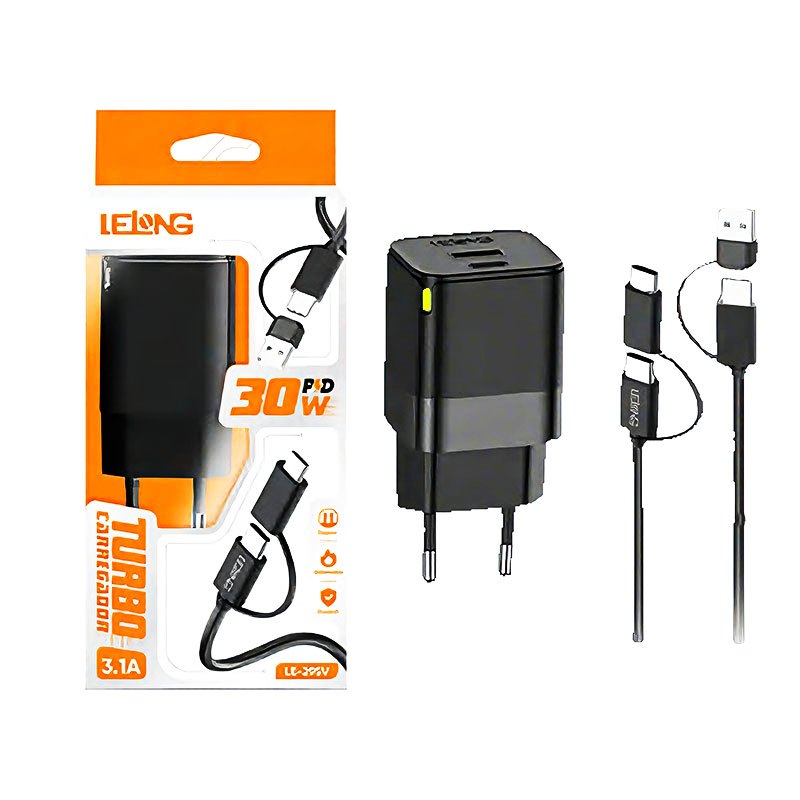 Carregador Turbo 30W com cabo Tipo C para Tipo C Fonte 2 Entrada USB e USB C carregamento rápido em Oferta na Shopee