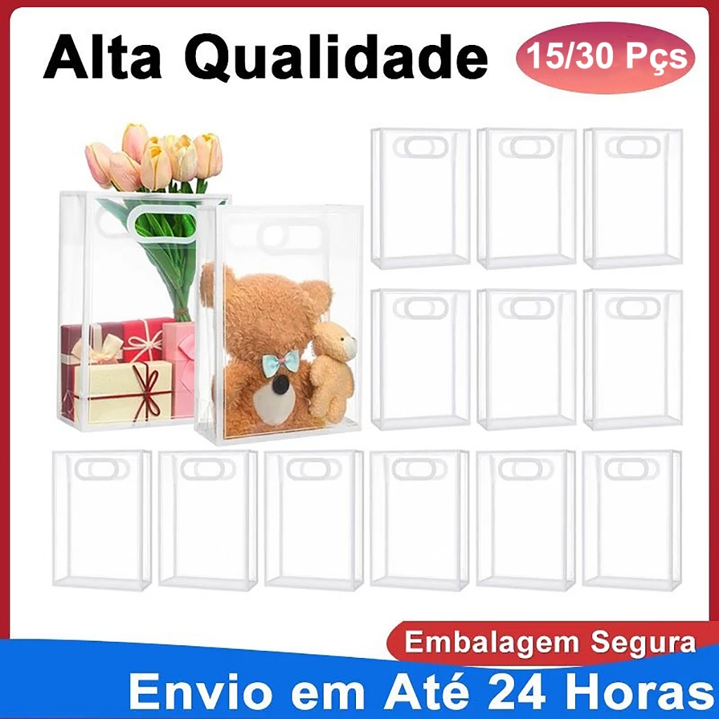 Kit 15/30 Sacola Presente Transparente Premium PP Fosca Borda Decorada