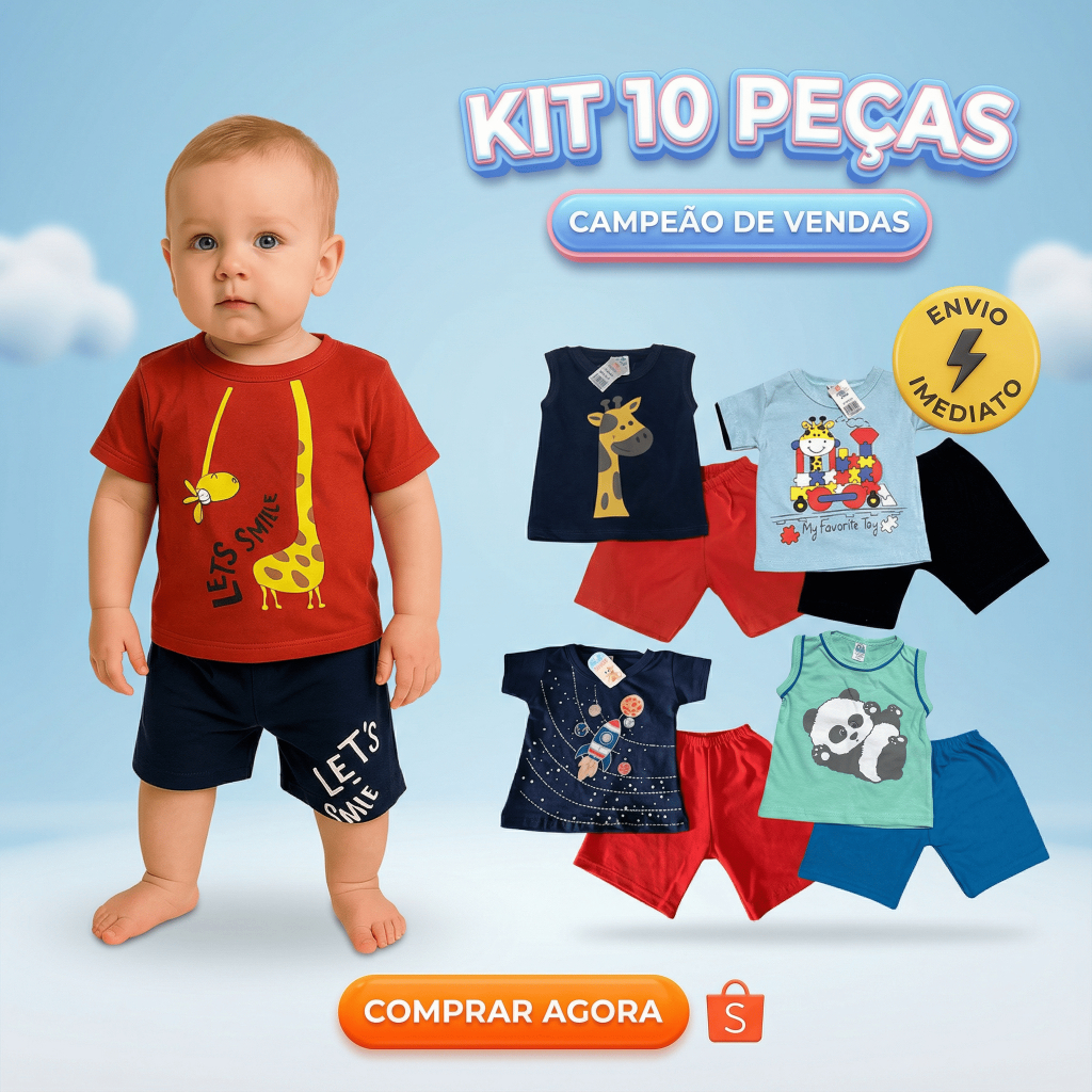 Kit 10 Peças de Roupas Menino Conjunto Infantil Verão 5 Camisas + 5 Bermudas Algodão em Oferta na Shopee