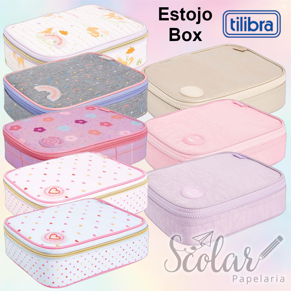 Estojo Box com Divisórias e Zíper Tilibra Várias Cores e Coleções Académie Happy