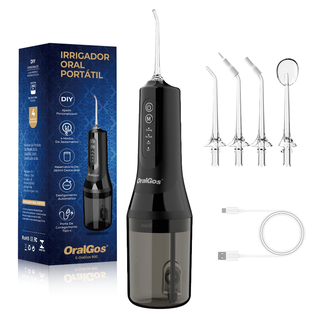 OralGos Irrigador Oral Portátil 260ML, 4 Modos de Pressão, 4 Bicos, IPX7 à Prova d’Água