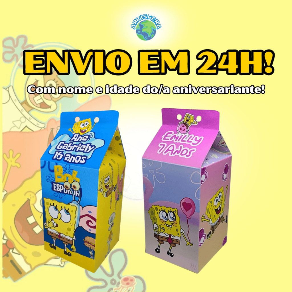 Caixinhas Lembrancinha Surpresa Milk Leite Bob Esponja Personalizadas Com Nome e Idade Para Festas De Aniversário