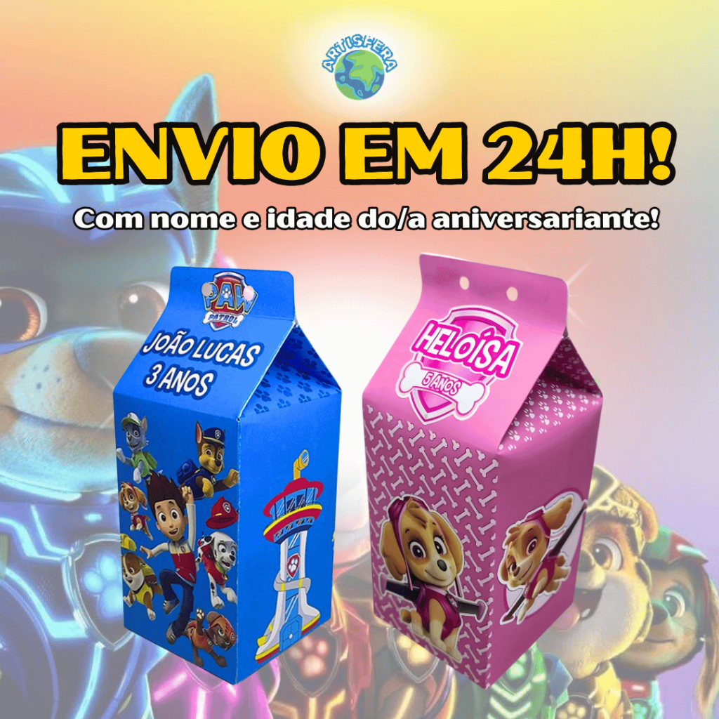Caixinhas Surpresa Patrulha Canina Skye Milk Personalizada Nome e Idade Para Festas de Aniversario e Lembrancinha