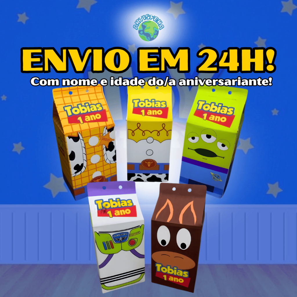 Kit Caixinhas Toy Story Milk Personagens Personalizadas com Nome e Idade Para Festas de Aniversário Lembrancinhas