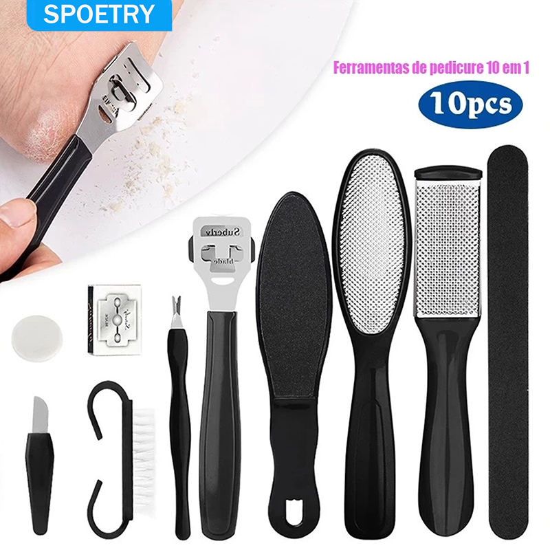 Conjunto de 10 escovas esfoliantes para os pés em aço inoxidável, kit para esfoliação e cuidados com os pés.