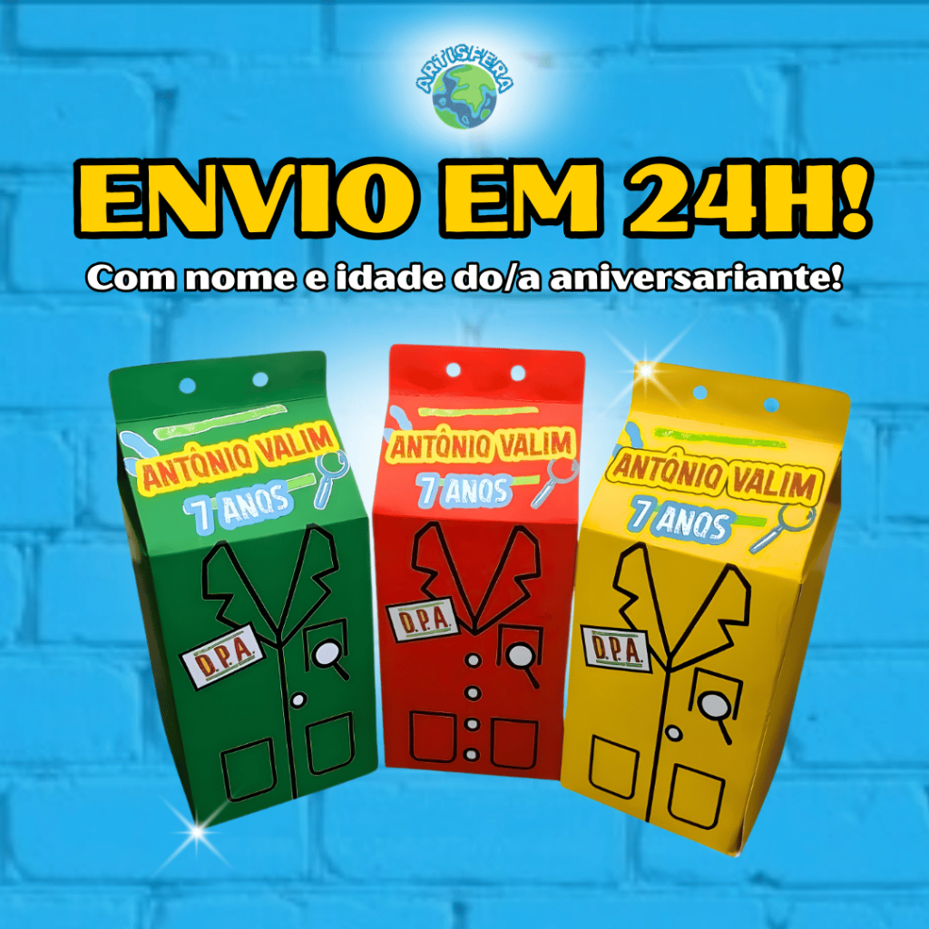 Kit Caixinhas Surpresa Jalecos DPA Detetives do Prédio Azul Milk Personalizada Com Nome e Idade Para Festas