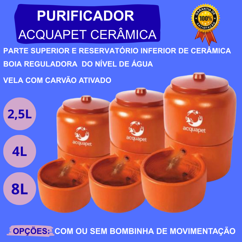 Purificador de Cerâmica Para Pet Filtro Bebedouro de Água Gato Cachorro 2,5L  4L  8L