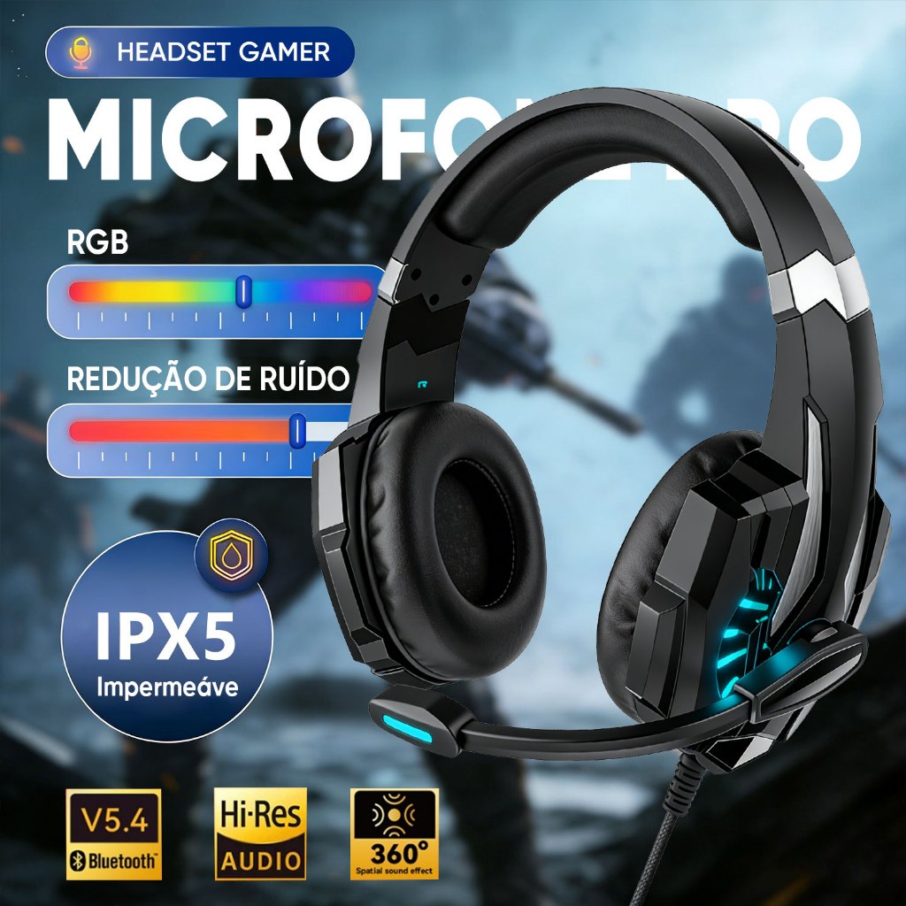 INOVA Fone De Ouvido Profissional Headset Gamer Com Microfone RGB Computador Vídeogame