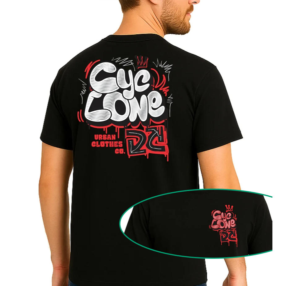 Camiseta Preta Cyclone Unisex, Design com Texto "Cyclone" em Estilo Grafite, Moda Urbana Streetwear