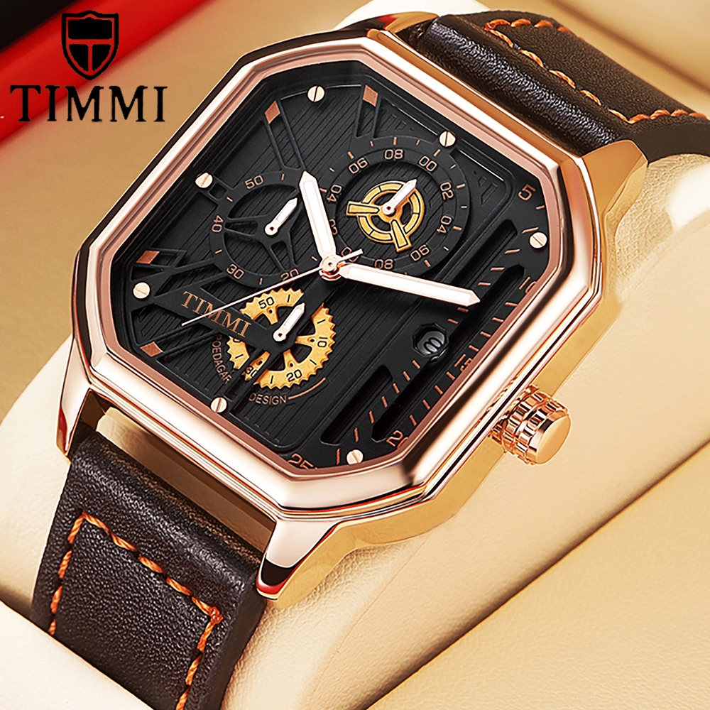 TIMMI relógio masculinos quartzo quadrado Com calendário brilha no escuro couro Negócios Retrô Moda em Oferta na Shopee
