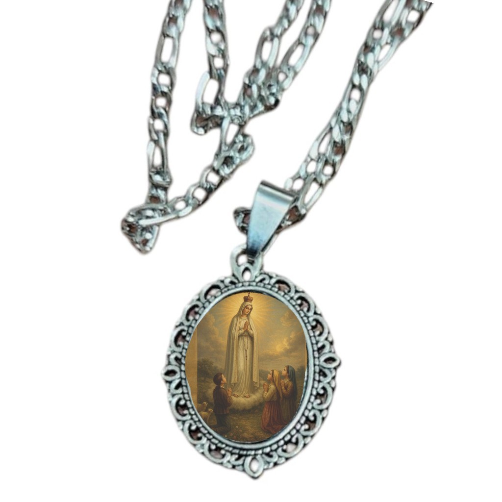 Colar corrente aço inox religioso nossa senhora fatima carmo bom parto medalha em moeda antiga valor unitario