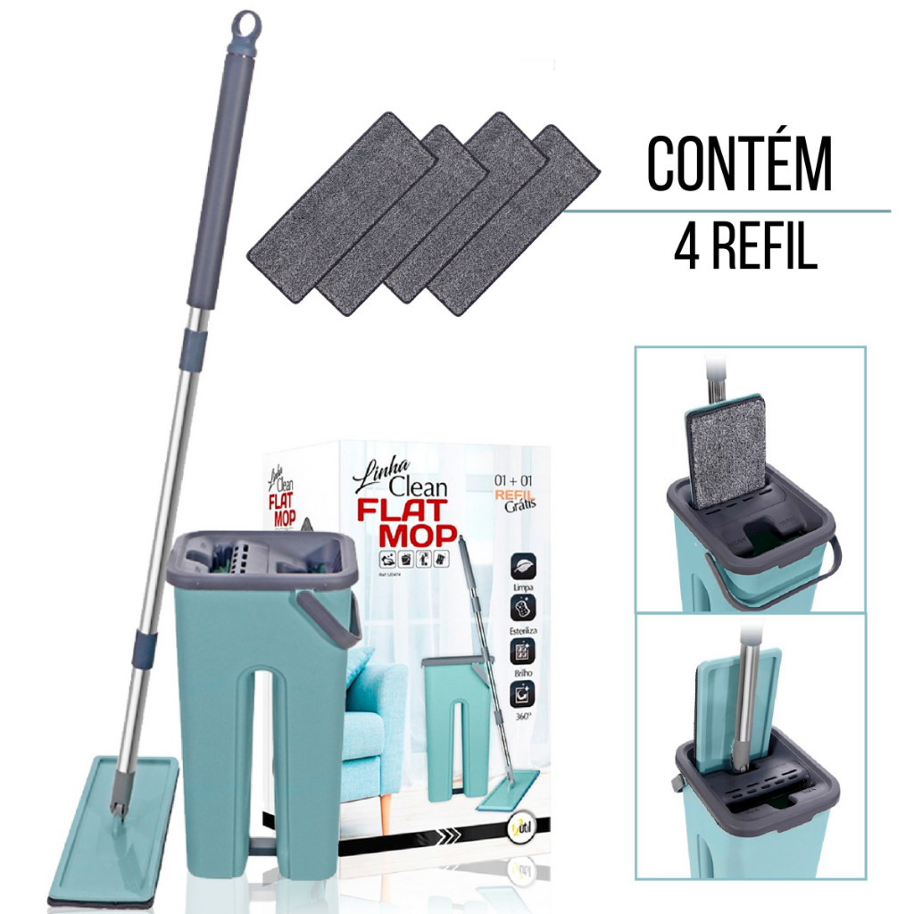 Mop Flat Esfregão Magico Limpa Facil com Balde limpa e Seca kit 2 ou 4 Refil em Oferta na Shopee