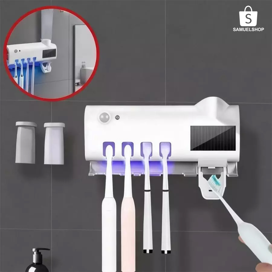 Suporte para Escova de Dente com Aplicador Automático e Esterilizador UV, 3 em 1