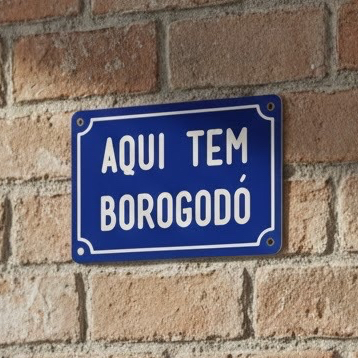 Plaquinha decorativa AQUI TEM BOROGODÓ (10x15cm) placa em plástico imitando de rua ferro retrô