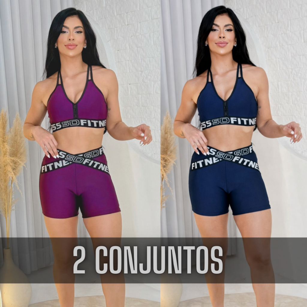 Kit 2 Conjunto Feminino Fitness Academia Short e Top Com Elástico