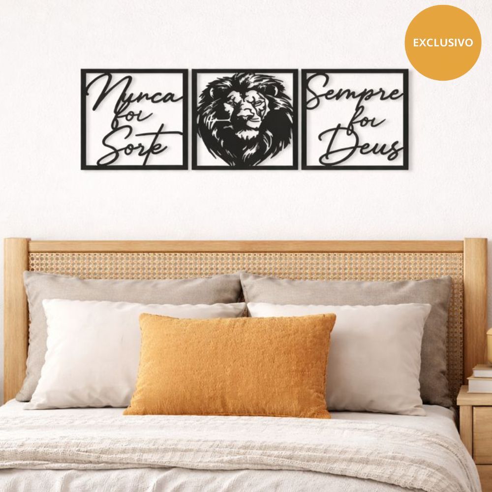 Quadro Decorativo Leão de parede frase Nunca foi Sorte Sorte Sempre Foi Deus Cabeceira Sala Religioso
