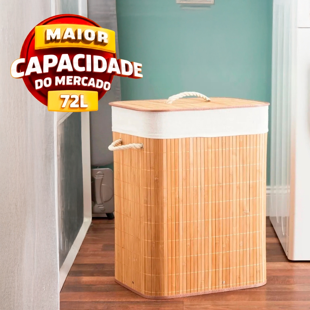 Cesto de Roupa Suja 72 LITROS Lavanderia Bambu c/ Tampa Retangular Forrado Quarto Banheiro Dobrável em Oferta na Shopee