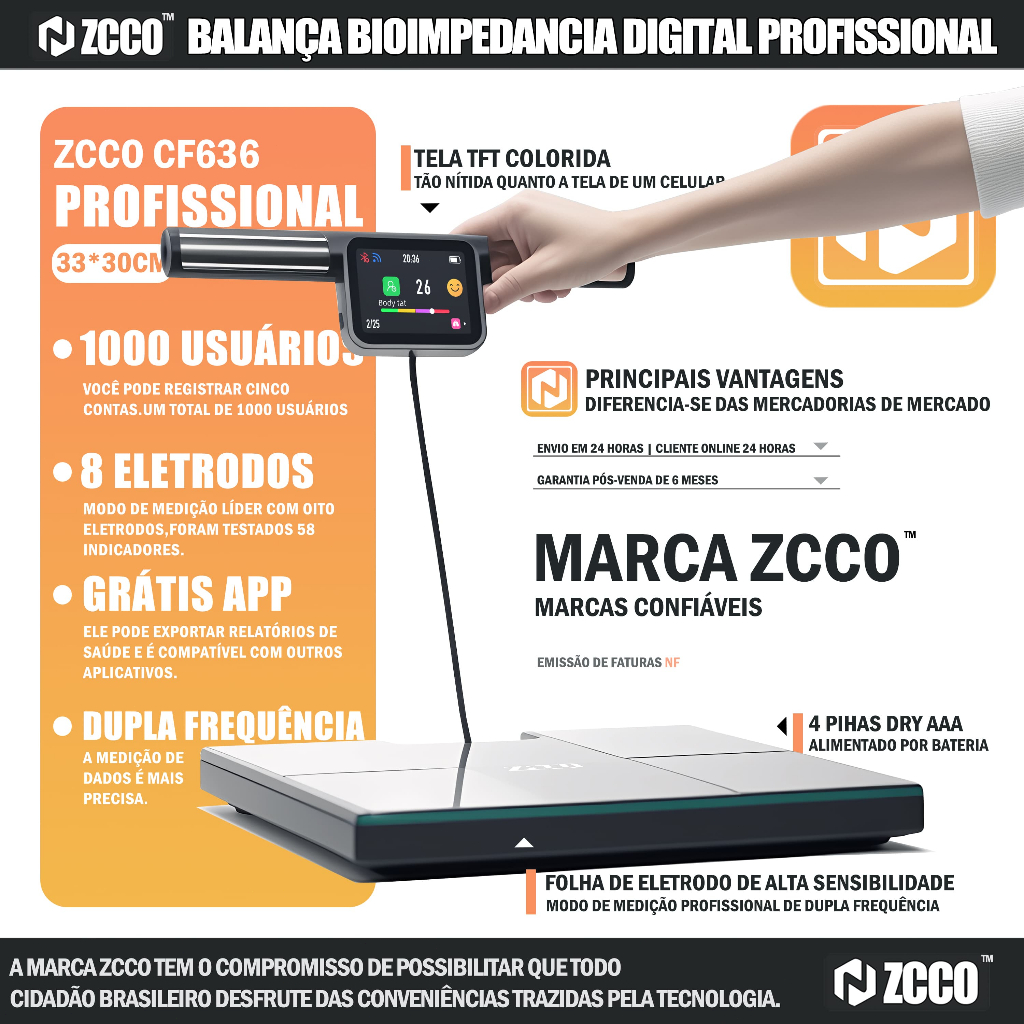 ZCCO CF636 Balança Gordura Corporal 8 Eletrodos 56 Dados Corporais p/ Gestão Saúde Familiar App Sincronia Precisão Alemã