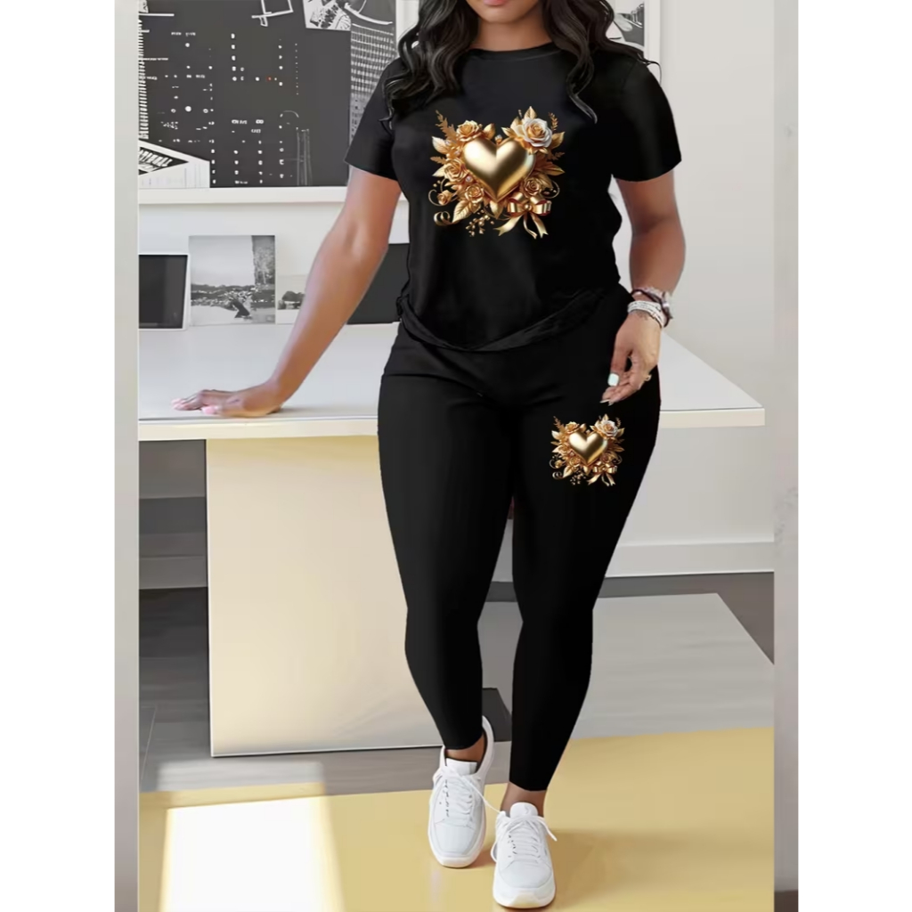 conjunto feminino academia calça legging+camiseta confortavél e estiloso coração dourado