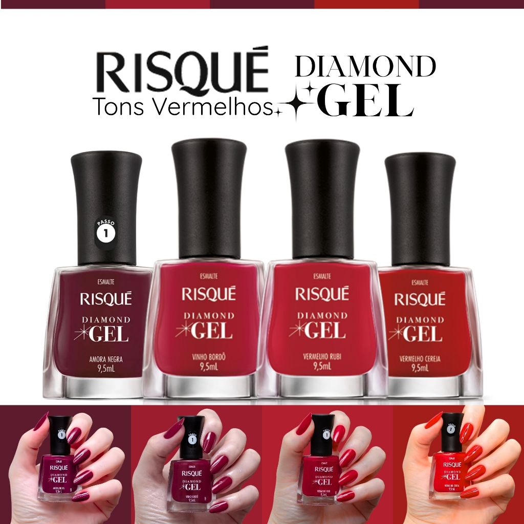 Kit 4 Esmaltes Risqué Diamond Tons Vermelhos Vinhos Risqué Cremoso Esmalte Atacado