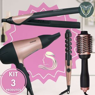 KIT 3 Escova Secadora + Secador de Cabelo Portátil + Modelador de Cachos + Chapinha Profissional Rosa Potente Qualidade em Oferta na Shopee