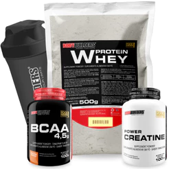 Kit Whey Protein Concentrado 500g + BCAA 100g + Power Creatina 100g + Coqueteleira - Bodybuilders