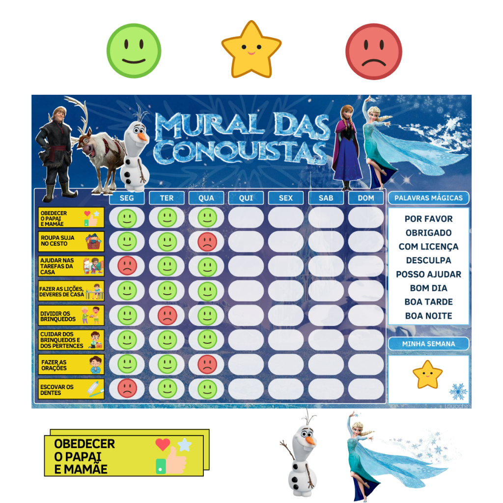 Mural das Conquistas Infantil Magnético – Ideal para Geladeira E incentivo Diário Tema Frozen