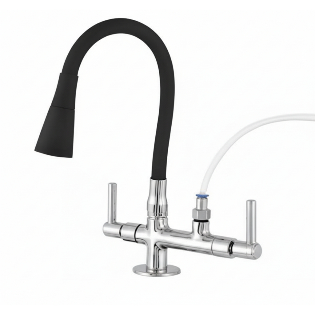 Torneira Preta Flexivel  De Bancada, Inox, Abs, Com Saida Para Purificador, Filtro