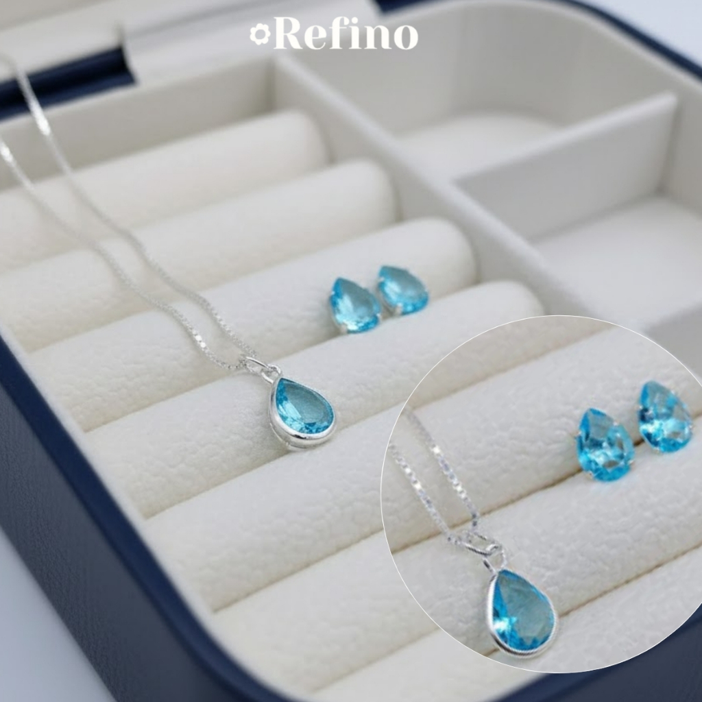 Colar e Brinco Gota Prata 925 Pingente Conjunto Cores Variadas Pedra Zircônia