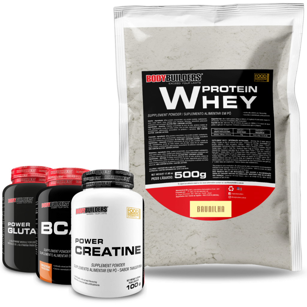 Kit Whey Protein 500g + Power Creatina 100g + Power Glutamina 100g + BCAA 100g - Bodybuilders em Oferta na Shopee