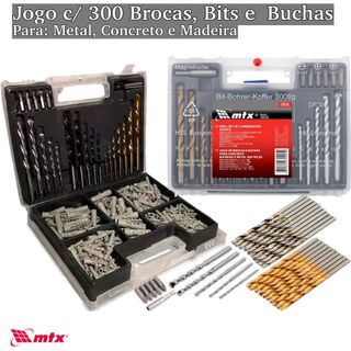 Jogo de Brocas, Bits e Buchas c/ 300 Peças p/ Concreto, Madeira e Metal + Maleta Mtx 725779