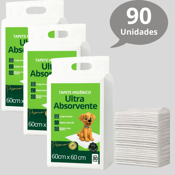 Kit 3 Tapete Higiênico Descartável para Cachorro Premium Ultra Absorvente 60cm x 60cm - 90 Unidades