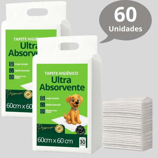 Kit 2 Tapete Higiênico Descartável para Cachorro Premium Ultra Absorvente 60cm x 60cm - 60 Unidades