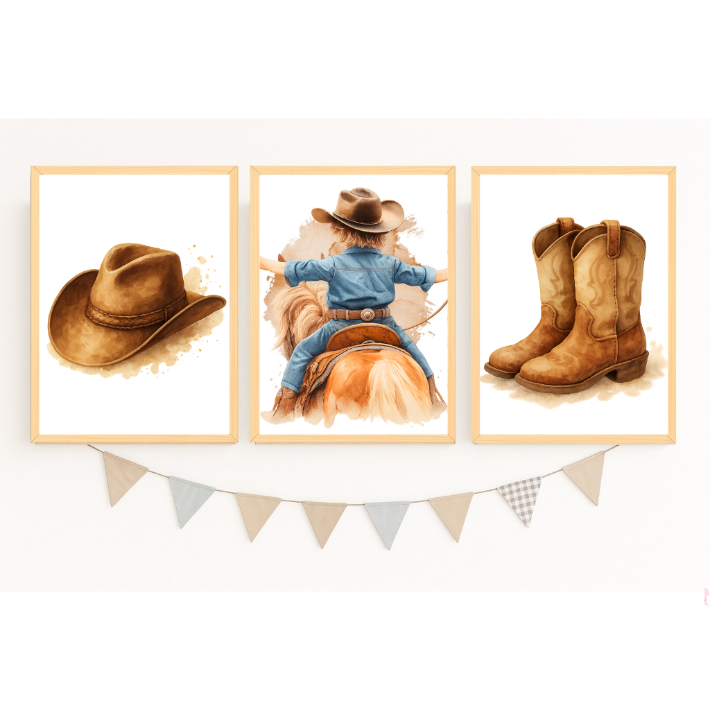 Quadro Decorarivo Cowboy Menino Chapeú Bota Aquarela Marrom Menino Infantil Criança Delicado Cavalo