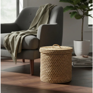 Cesto Organizador De Palha Natural Com Tampa 38x38x38 em Oferta na Shopee