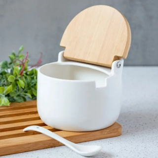 Porta Sal Saleiro Mesa Em Porcelana Com Colher Tampa Madeira Lyor Porta Condimentos em Oferta na Shopee