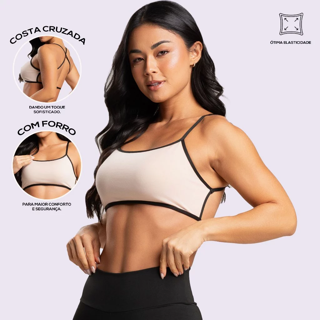 Top Fitness Bicolor Alcinha Cruzado Costa Nua Feminino com Forro e Encaixe pra Bojo Academia — imagem 1