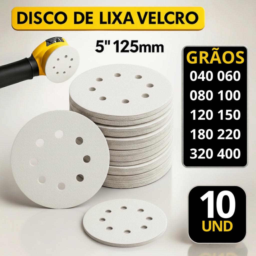 Kit 10 Discos Lixa Velcro Pluma Branco Para Lixadeira Roto Orbital Rokit Politriz 5″ (125mm) 8 Furos
