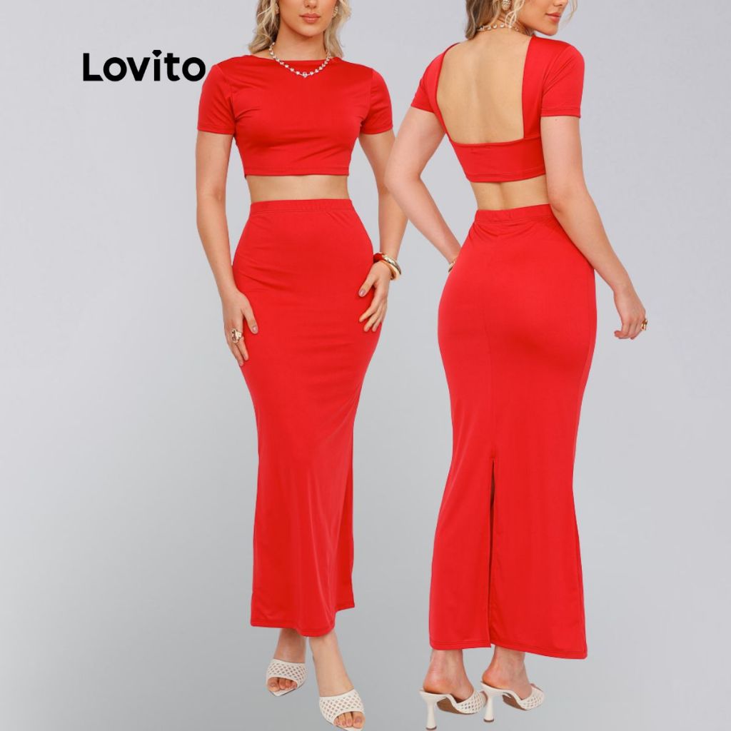 Lovito Conjunto Feminino Saia Longa e Cropped Lisa Vermelho LB1433BRL1463