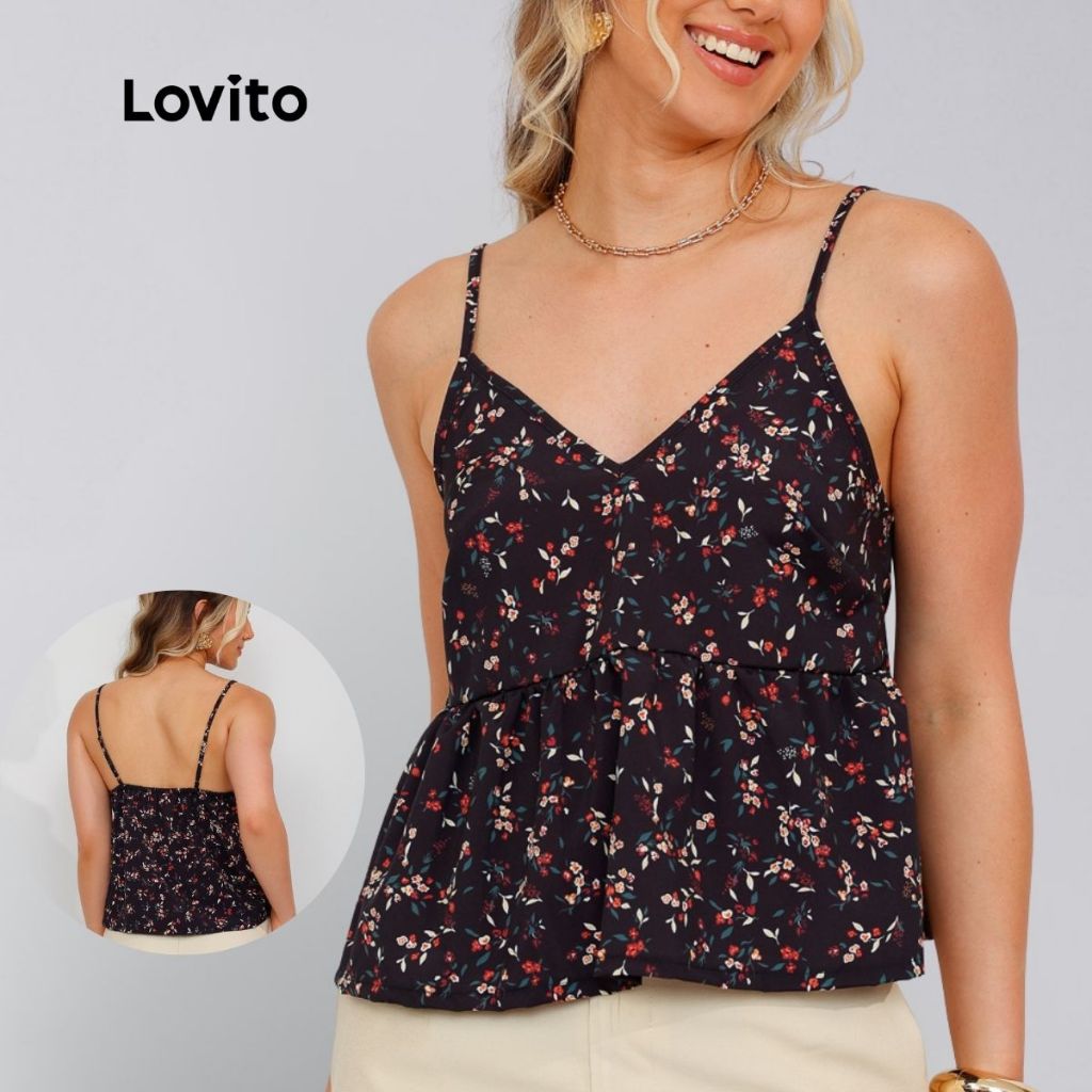 Lovito Blusa Feminina Bata Basica Alças Finas Estampa Mini Flores Elegante LB1390BRL1420 em Oferta na Shopee