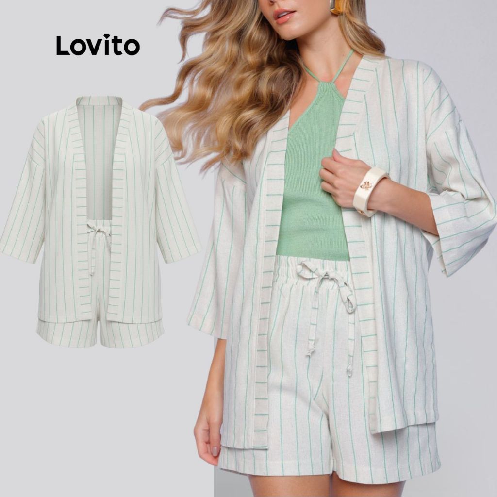 Lovito Conjunto Shorts Curto Amarração Elastico e Kimono Listrado Branco Feminino LB1337BRL1367