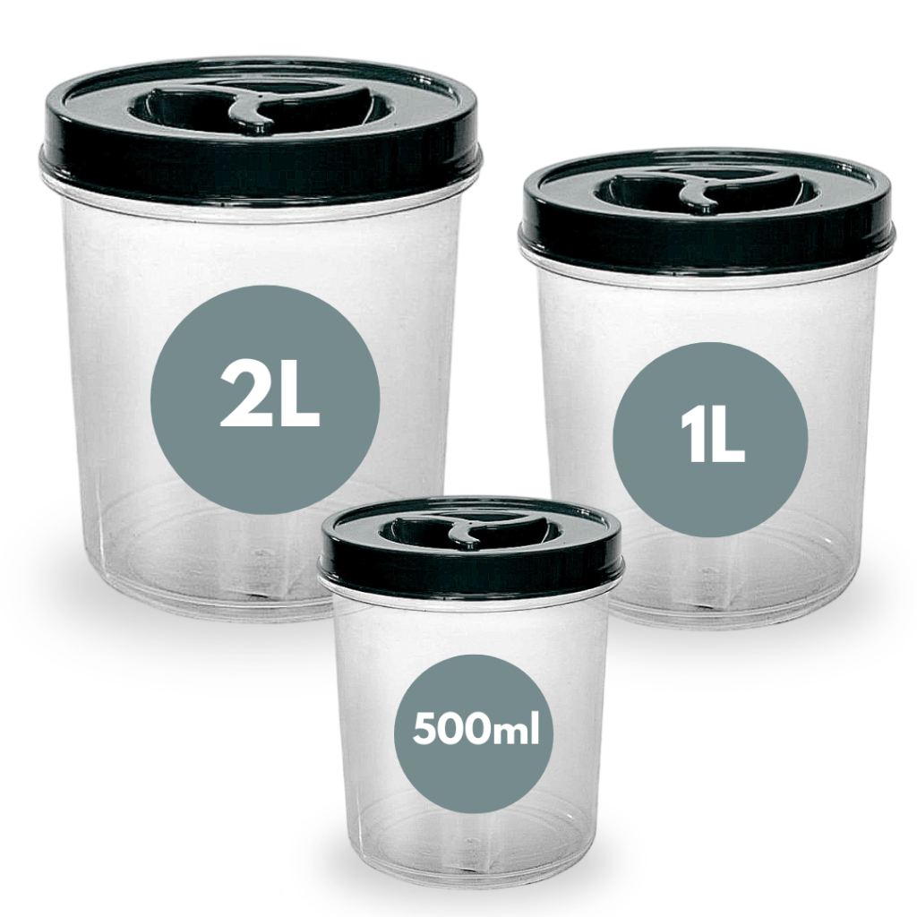 Kit 3 Potes Mantimento Redondo Tampa de Rosca Transparente, Vasilha BPA FREE Pote 2L + 1L + 500ml
