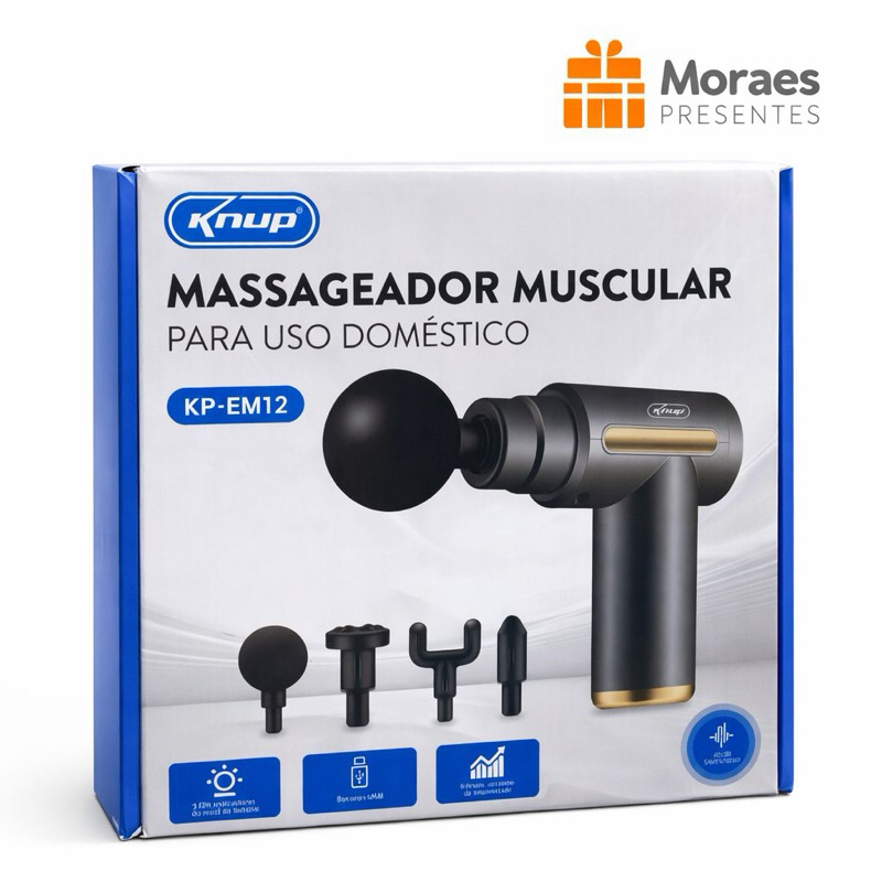 Massageador muscular portátil com 4 ponteiras, potente e recarregável. Ideal para alívio de dores e tensões.
