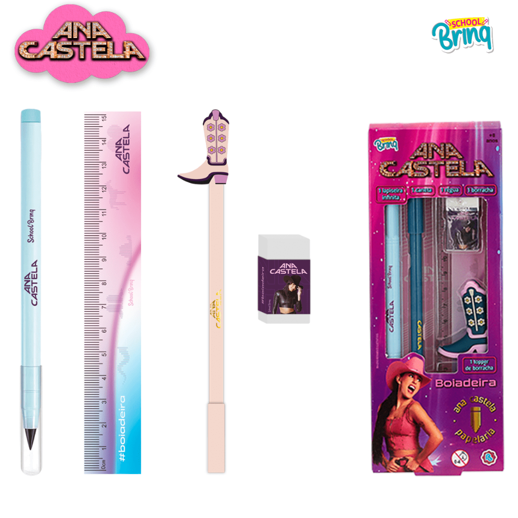 Kit Escolar Ana Castela Lapiseira Caneta Régua Boiadera Kit 4 em 1 Escola Polibrinq em Oferta na Shopee