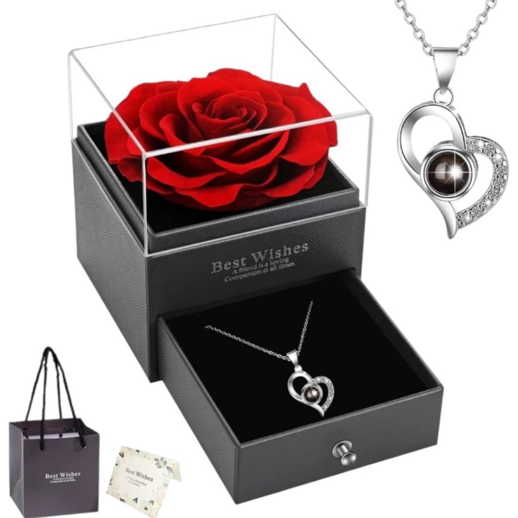 Rosa Eterna Preservada Caixa Presente E Colar Feminino Eu Te amo 100 Idiomas Mãe Esposa Namorada Presente Para Mulher