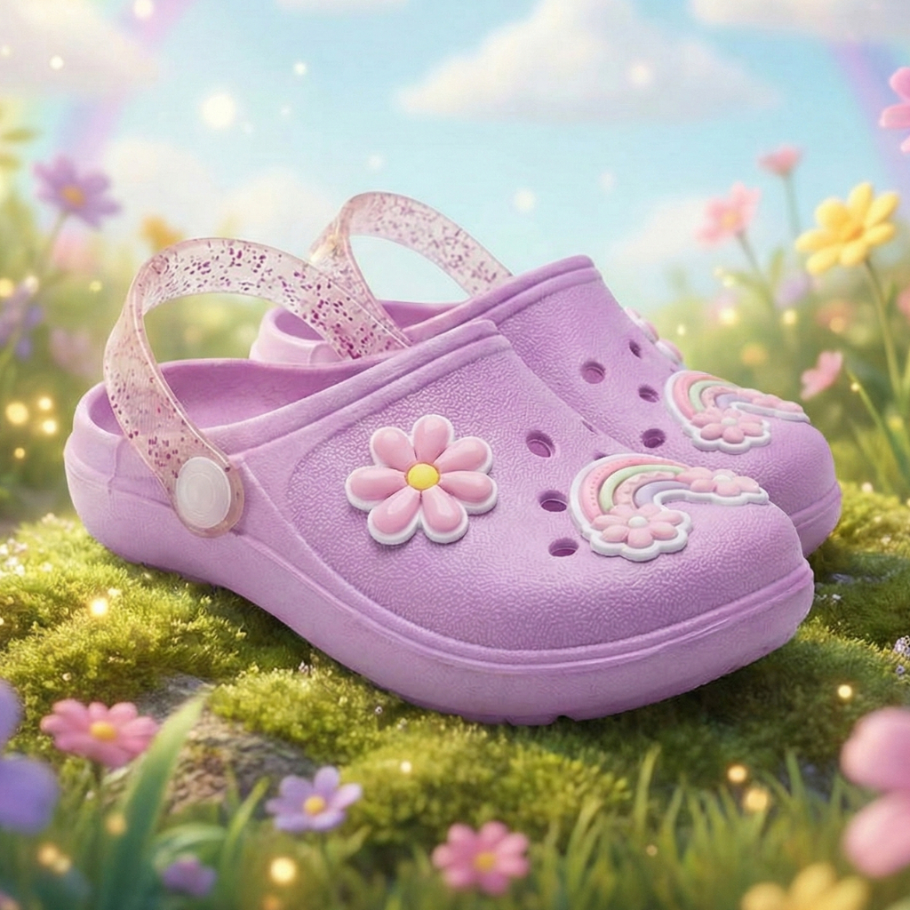 Sandália Babuche Infantil Menina de Fivela Glitter Casual Enfeite Flor + Arco Íris Leve Macio Verão