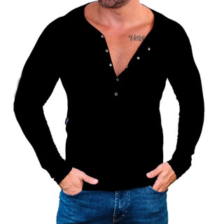 Camisa Henley Botão De Pressão Slim Masculina Manga Longa