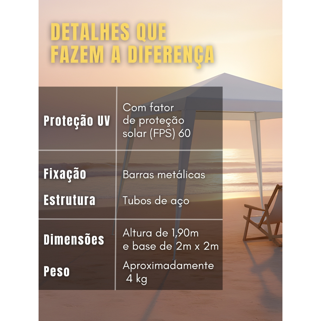 Tenda Gazebo 2x2 Desmontável Fácil de Montar Reforçada Praia Quintal Jardim Proteção Uv Branca · foto 2