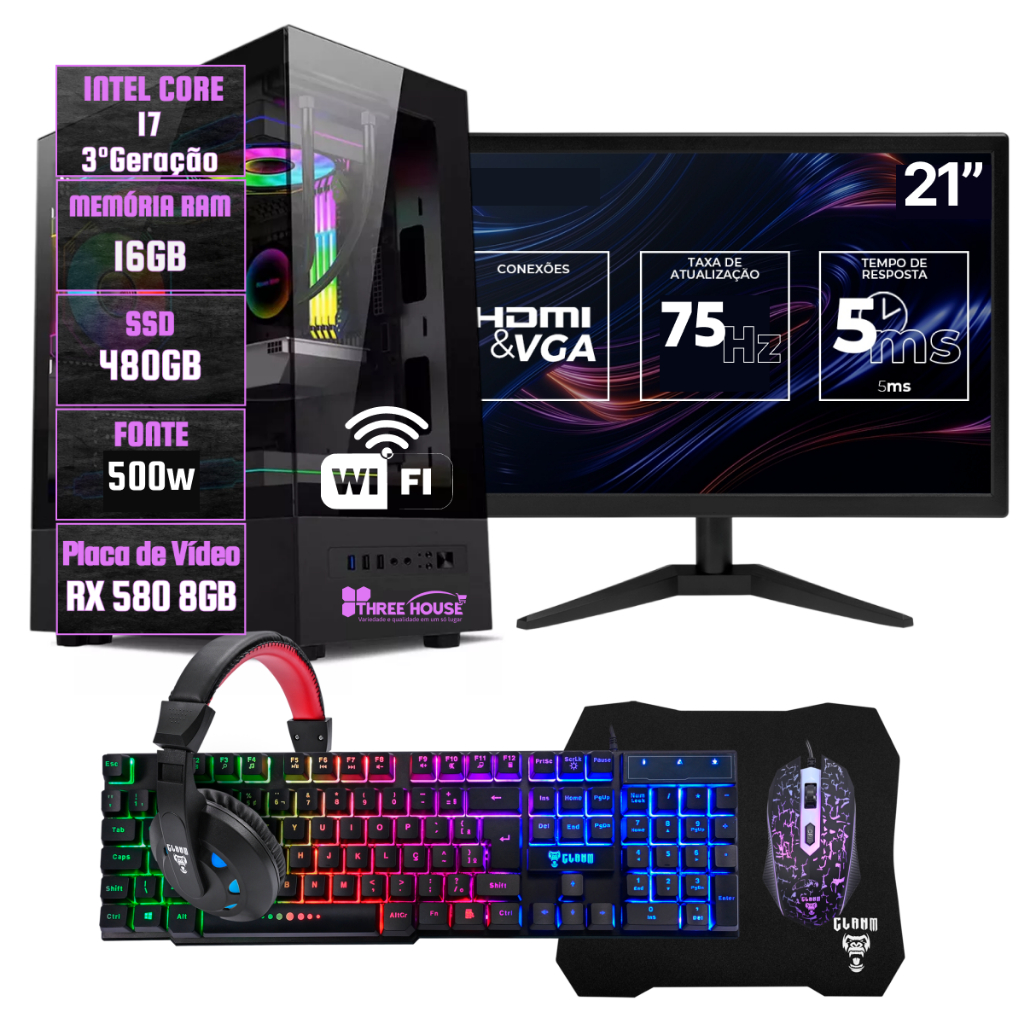 PC Gamer Completo Intel i7, RX 580 8GB, 16GB DE RAM, SSD 480GB, Combo de Periféricos + Monitor 21