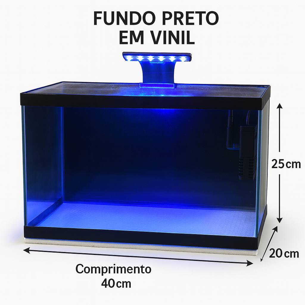 Aquário 20 Litros Vidro 3mm com Vinil Preto 40x20x25cm Ideal para Peixes